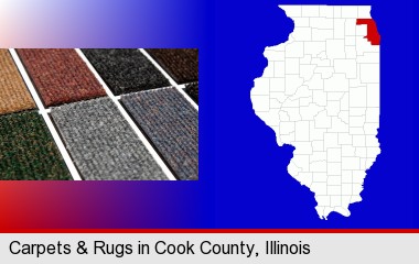 carpet samples; Cook County highlighted in red on a map
