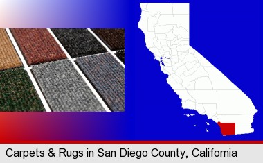 carpet samples; San Diego County highlighted in red on a map