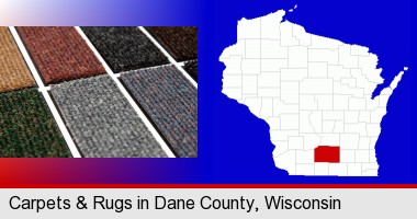 carpet samples; Dane County highlighted in red on a map