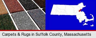 carpet samples; Suffolk County highlighted in red on a map