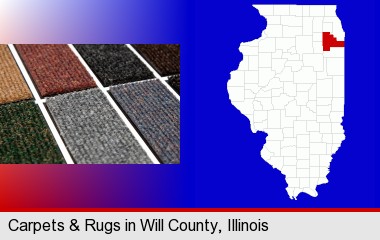 carpet samples; Will County highlighted in red on a map